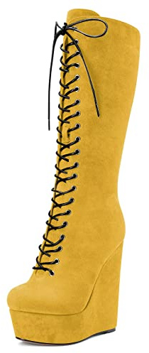 Castamere Donna Zeppa Alto High Tacco Heel Chiusa Rotonda Punta Metà polpaccio Lacci Cerniera Classico Stivali