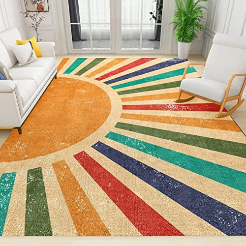 ZONOKI Retro-Regenbogen-Boho-Stil Teppich, Abstrakte Bunte Geometrische Sonnenstreifen Großer Weicher Kurzflor Teppich, rutschfest Waschbarer Teppich - für Wohnzimmer Schlafzimmer Flur - 160 x 230 cm
