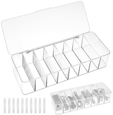 Kabel Organizer Box mit 8 fächern, Tikplus KabelAufbewahrungsbox mit 10 Kabelbindern, Transparent Datenkabel-Organizer aus Kunststoff, Ladekabel Aufbewahrung für Kabel Management, Large 26X9X5.5CM