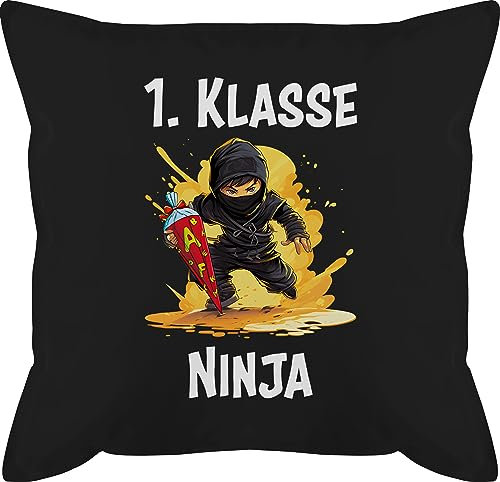 Kissen 50x50 - Deko Geschenke - Ninja Einschulung Schulkind Schulanfang 1. Klasse Erste - 50 x 50 cm - Schwarz - zur für Jungen schulkissen Einschulung. Geschenk Junge mädchen schulanfänger Buben