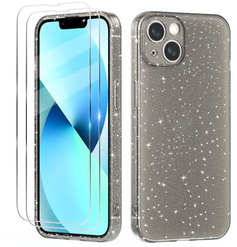 Tikgue Coque Compatible avec iPhone 13, 2 Pièces Verre Trempé Protection Écran, Clair Housse à Glitter en Mince Silicone Souple Étui Antichoc Case Transparente Cover - Noir
