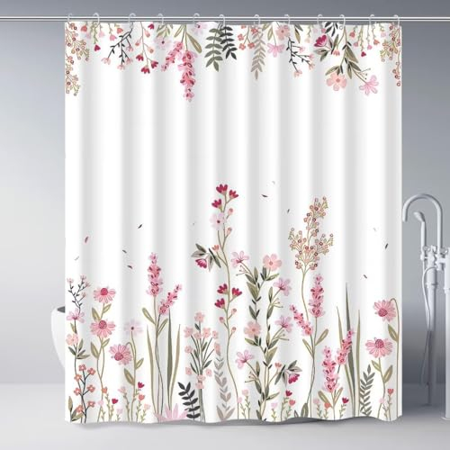 ARRITS Rosa Blumen Duschvorhänge 90x180cm, Frühling Pflanzen Duschvorhang, Beschwerter Saum Anti Schimmel Waschbar Blickdicht Wasserdicht Polyester Badevorhang für Badezimmer Badewanne mit 12 Haken