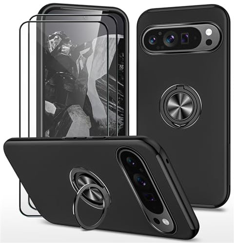 Dechyi Funda para Google Pixel 9 / Pixel 9 Pro y 2 Piezas Protector de Pantalla Cristal Vidrio Templado Carcasa robustez Durabilidad con Anillo Soporte- Negro