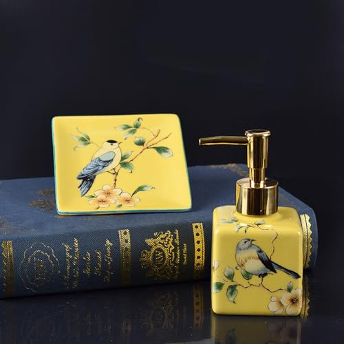 Set Di Accessori Da Bagno In 2 Pezzi Dal Design Moderno - Set Da Toilette Da Bagno Con Uccelli Di Fiori Vintage, Con Portasapone, Dispenser Di Sapone, Set Di Ceramiche Per La Casa, Dormitorio,Giallo