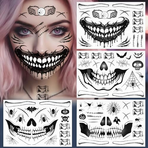 BOOMTOP 4pcs Tatuajes Cara Halloween de Esqueleto/Calavera, Pegatinas Halloween para Cara de Halloween, Tatuaje Temporal Halloween Impermeable Transferencia Agua, 14.5cm*21cm