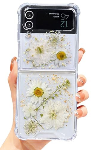 Abbery Coque de protection pour Samsung Galaxy Z Flip 3 – Transparente avec feuille d'or, paillettes et fleurs séchées blanches, anti-rayures, anti-chocs, coque élégante pour femmes et filles