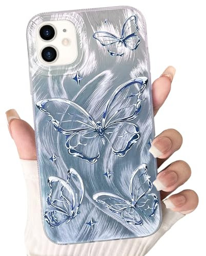 NITITOP Compatible for iPhone 11 Case Cute Butterfly Pattern for Women Girl Glitter Laser Shiny Feather Yarn Style Aesthetic Shockproof Hard Protective Phone Cover - Blue
