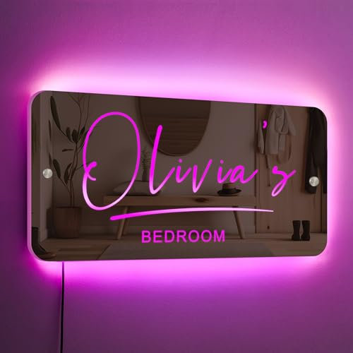 Personalised Light Up Mirror Name Mirror LED Sign Neon Light Up Sign Bedroom Personalised Birthday Wedding Party Custom Name Sign Wall Decoration for Living Room Bedroom Home Bar Decor (Design 1)