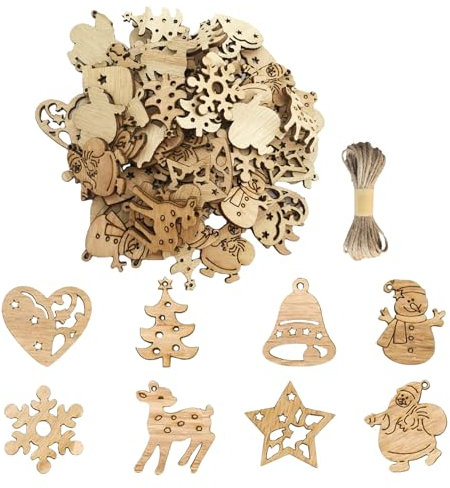 Youery 200 Piezas Decoraciones para Árboles de Navidad, Mini Adornos Colgantes de Madera, DIY Ornamentos Navideños