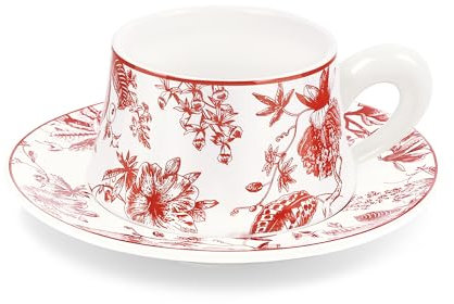 fanquare Coffee Cup and Saucer Set of 1, Red Floral Coffee Cup Sets, 260ml Retro China Tea Cups, Porcelain Cappuccino Cups for Latte Cafe Mocha or Tea, Baristas Gifts