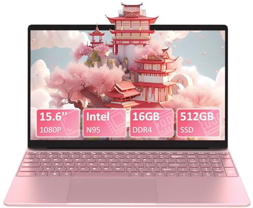 Auusda 15,6 Zoll Full-HD Laptop,16 GB DDR4 RAM 512GB SSD, N95 Up to 3.4GHz with Fingerprint Unlock Notebook, Cooling Fan, Webcam, Dual Speakers, Mini HDMI, Student/Business Laptop - Rosa