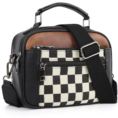 GSenhui Checkered Crossbody Bag Damen Karierte Umhängetasche Frauen mit Reißverschluss Schachbrettmuster Schultertasche PU Leder Kariert Handtasche Schwarz