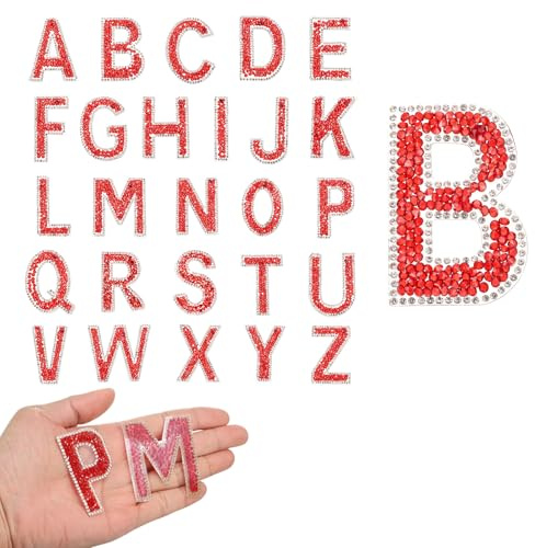 sourcing map 26pcs Rhinestone Iron on Letter Patches, A-Z Self Adhesive Glittery Rhinestone Alphabet Letter Sticker Appliques for DIY Jackets Hats Clothes Backpack, Red