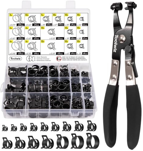 Toolwiz 130Pcs 6-25mm Spring Band Hose Clamp Assortment with Swivel Clamp Pliers, Constant Tension Radiator Hose Clamps, Black Hose Clips for Fuel Line, Silicone Vacuum Hose, Air Tube, Water Pipe
