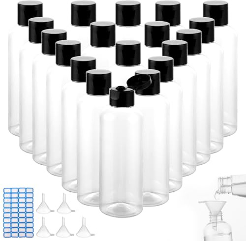 VIDETOL Lot de 30 bouteilles de voyage à remplir, 100 ml - Ensemble de bouteilles de voyage avec bouchon à rabat, lot de bouteilles en plastique avec entonnoir et étiquette, bouteilles transparentes