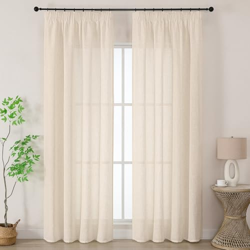 Joydeco Leinen Gardinen mit Kräuselband Beige Vorhänge Wohnzimmer Modern Boho Leinenoptik Gardine Halbtransparent Vorhang für Schienensystem Curtains Bedroom 2er Set H 245 x B 140 cm