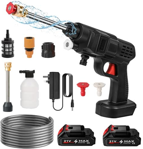 21V 38Bar High Pressure Cordless Pressure Washer, 5L/min Portable Pressure Washer with Battery for Makita, 6-in-1 Adjustable Nozzle, 5m Hose, for Car Floor Garden Cleaning Watering (2 batteries)