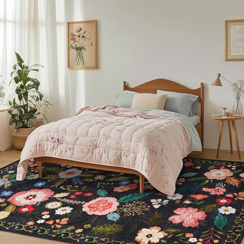 Puremy Groß Vintage Blumenmuster Niedriger Flor Teppich, 200x280cm, Schwarz | Waschbarer Wohnzimmerteppich, Rutschfest,Teppiche für Wohnzimmer Schlafzimmer Bauernhaus Esszimmer und Kinderzimer