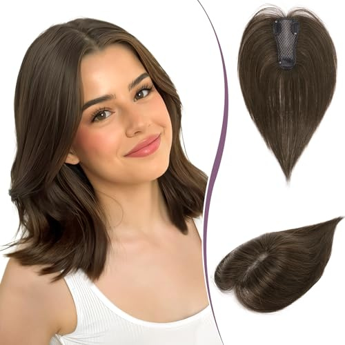 RUWISS Haar Toppers Echthaar für Damen Braun Hair Topper Leichtes Clip in Haarteil für Frauen Glatter Hair Topper ohne Pony