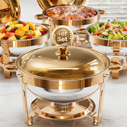 WARMOUNTS Rose Gold Chafing Dish Buffet Set 4 Pack 5L Round Food Warmer | Food Grade Stainless Steel Chafer with Lid Holder for Catering, Weddings, Parties & Events