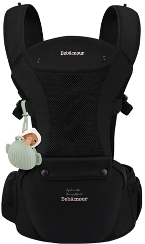 Bebamour Baby Carrier with Hip Seat, 6 Carrying Positions, Newborn to Toddler Baby Carrier 0-36 Months, Adjustable Waist & Padded Shoulder Straps, Head Hood, Pacifier Case & Teething Pads (Black)