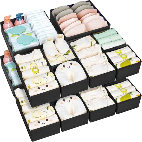 DIMJ Schubladen Ordnungssystem Unterwäsche Organizer - 15er Set Kleiderschrank Aufbewahrungsbox Schrank, Wickeltisch Organizer Stoffboxen Aufbewahrun für Kleidung, Socken, Schwarz
