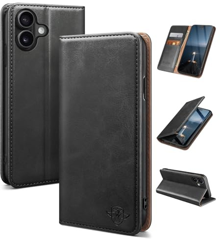 SUANDUCK for iPhone 16 6.1 phone case magnetic leather flip case with RFID-blocking card compartment, adjustable stand and 360° drop protection with Apple 16 Black