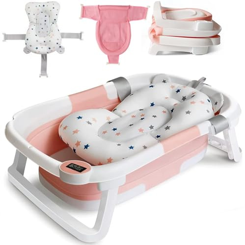 MIFXIN Faltbare Babybadewanne XXL mit rutschfestem Badekissen & integriertem Thermometer, inkl, Babybadewanne mit Stützkissen Sitzmatte, ideal für Neugeborene & Kleinkinder 0-36 Monate (Rosa)