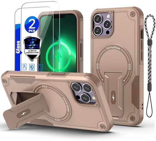 GuardCase for iPhone 13 Pro Case [Compatible with MagSafe][with 2 * 9H Tempered Glass Screen Protector], Built in Invisible Stand,Shockproof Protective Phone Cover for iPhone 13 Pro 6.1(Desert Gold)