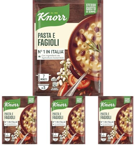 Knorr Pasta e Fagioli, Piatti Pronti Knorr con Verdure da Agricoltura Sostenibile, Senza Coloranti, Senza Conservanti, Vegano, 182 g (Confezione da 4)