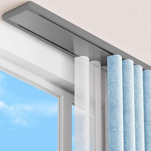 Gardinenschiene 2-läufige, Premium-Vorhangschiene aus Metall, Aluminium, Leises Vorhangsystem mit Riemenscheibe und Schrauben, Doppelte Deckenschiene, Decke Montage(Gray,90cm(3.0ft))