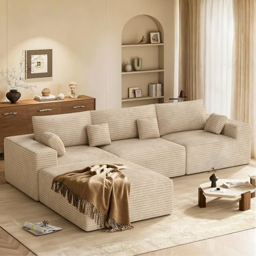 Aivermeil Boneless Couch L Shaped Sectional Corner Sofa, 287cm Cloud Couch Modular Corduroy 3/4 Seater with Memory Foam & Ottoman, No Assembly - Cord/Khaki