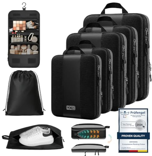 Koffer Organizer mit Kompression, 8 Stück Packing Cubes für Koffer und Rucksack – wasserabweisende Packwürfel aus recyceltem RPET, Reise Organizer für Handgepäck & Reisen
