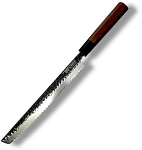 CHEFTROLLEY Japanese Bread Knife 240mm – AUS-10 Japanese Steel Serrated Bread Knife with Ebony & Mkuruti Wood Handle – Professional Japanese Style Knife for Slicing Bread, Cakes & Pastries (with Shea