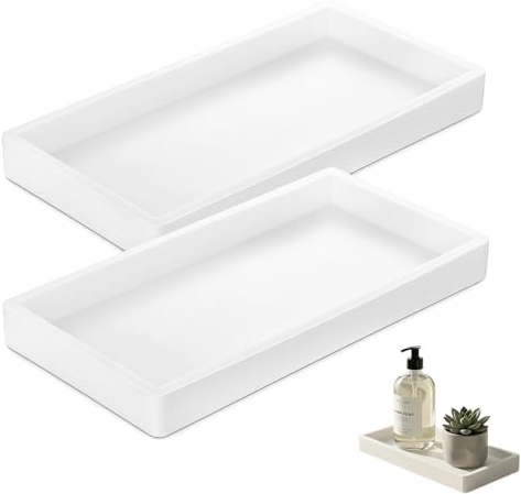 Bathroom Tray 2 Pack – Small White Silicone Trays for Cosmetics, 20x10x2cm | Vanity Organiser for Skincare, Makeup, Jewelry, Non-Slip Counter Tray