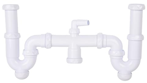 Cofan Sifone curvo doppio estensibile per lavabo, con presa ausiliaria, uscita orizzontale regolabile Ø 32-40 mm, raccordi 1 1/2, scarico cucina