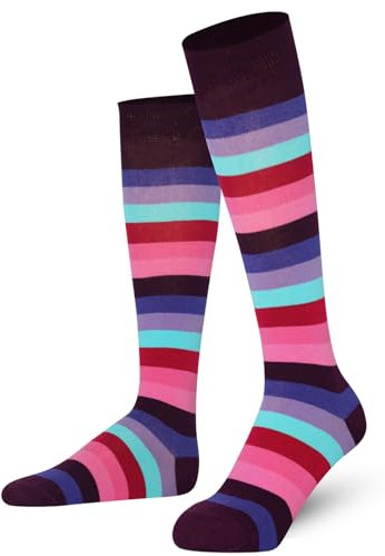 Mysocks Knee High Striped Socks for Men Women - Breathable Combed Cotton Seamless Toe Unisex Colourful Long Socks - Casual Bright Stripy Knee High Length Socks