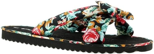 Kiley Women's Slide Sandals Flip flops - Padded Cross Over Mule with Textile Bow - Lightweight Flat Summer Sliders for Beach, Pool & Indoor Wear - Black Floral & Leopard Animal Print Black Floral 5 UK