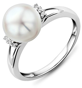 MIORE Damen Ring | Diamant Ring mit Perle | echtes 9 Karat (375) Weißgold | mit 9mm Süßwasser-Zuchtperle und 6 echten Diamanten | Brillant Verlobungsring Gold | handgemachter Schmuck