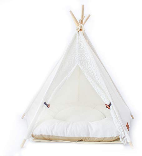 Little Dove,Hunde-Tipi-Zelt, Hause und Zelt mit Spitze für Hund oder Haustier, abnehmbar und waschbar mit Matraze Weiss（L）