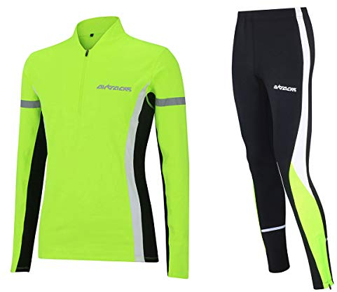 Airtracks Herren Winter Laufset Thermo Laufhose Lang Laufshirt Langarm Sweatshirt Fleece Funktionsshirt Sport Langarmshirt Jogginghose Leggins - neon - L