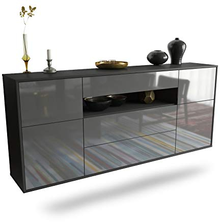 Dekati Sideboard Elizabeth hängend (180x77x35cm) Korpus anthrazit matt - Front Hochglanz Grau - Push to Open - Leichtlaufschienen