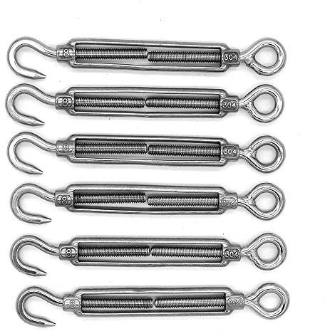 Lot de 6 crochets et œillets NUZAMAS M8, tendeur C à O, acier inoxydable 304, kit de quincaillerie pour tension de câble métallique robuste, pour pare-soleil, installation d'auvent de tente