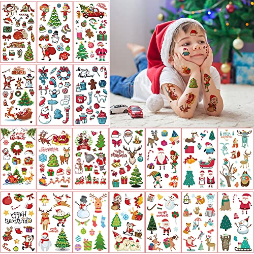 20 Fogli Natale Tatuaggi Temporanei per Bambini, Tatuaggi Finti Impermeabili, Ragazzo Ragazza Adesivi Compleanno Festa Giochi Regalini Gadget Giocattoli, Natale Cosplay Decorazioni, Babbo Natale