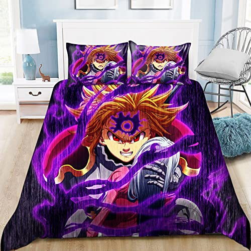 Zhongkaihua The Seven Deadly Sins Bettbezug-Set Anime 3D The Seven Deadly Sins Bettwäsche-Set für Jungen Teenager Weicher Kinder Bettbezug mit 1 Bettbezug 2 Kissenbezügen