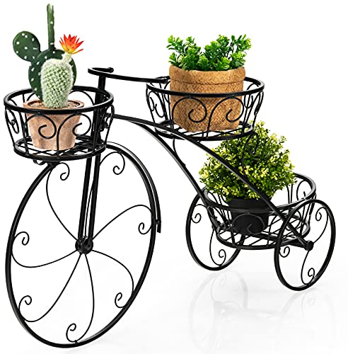 OFFICEJOY Tricycle Plants Flower Cart, Metal Succulent Pot Holder w/ 3 Decorative Wheels & 3 Collection Baskets, Plants Display Shelf Rack, Parisian Style Bicycle Planter for Home Bacony Patio Garden