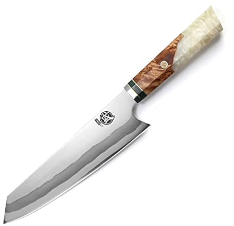 MITSUMOTO SAKARI Japanese Kitchen Knives, Hand Forged 440C Damascus Steel Chef Knife, 8 inch Professional Kiritsuke Knife for Sashimi, Vegetable, Fruit (White Pomegranate Handle & Sandalwood Box)