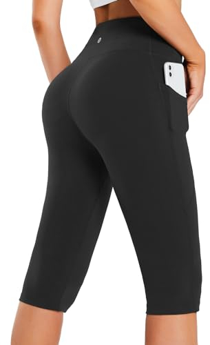 baleaf Knielange Kurze Leggings Damen Yogahose kurz high Waist Yoga Radlerleggings Sport Sommer mit Taschen Schwarz S