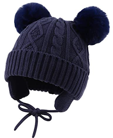 XIAOHAWANG Baby Mädchen Mütze Jungen Babymütze Winter Strickmütze Kindermütze Warme Wintermütze Mit Bommel(2-6 Jahren, Marine)