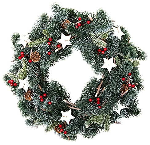 Haushalt International Künstlicher Weihnachtskranz 35 cm dekoriert mit roten Johannisbeeren, Tannenzapfen und Sternen Dekokranz Winterkranz Türkranz Weihnachten Kamin und Wanddekoration, Grün